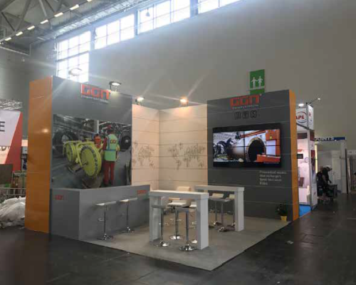 Stand rental with interactive screens, LED lighting, and sound systems